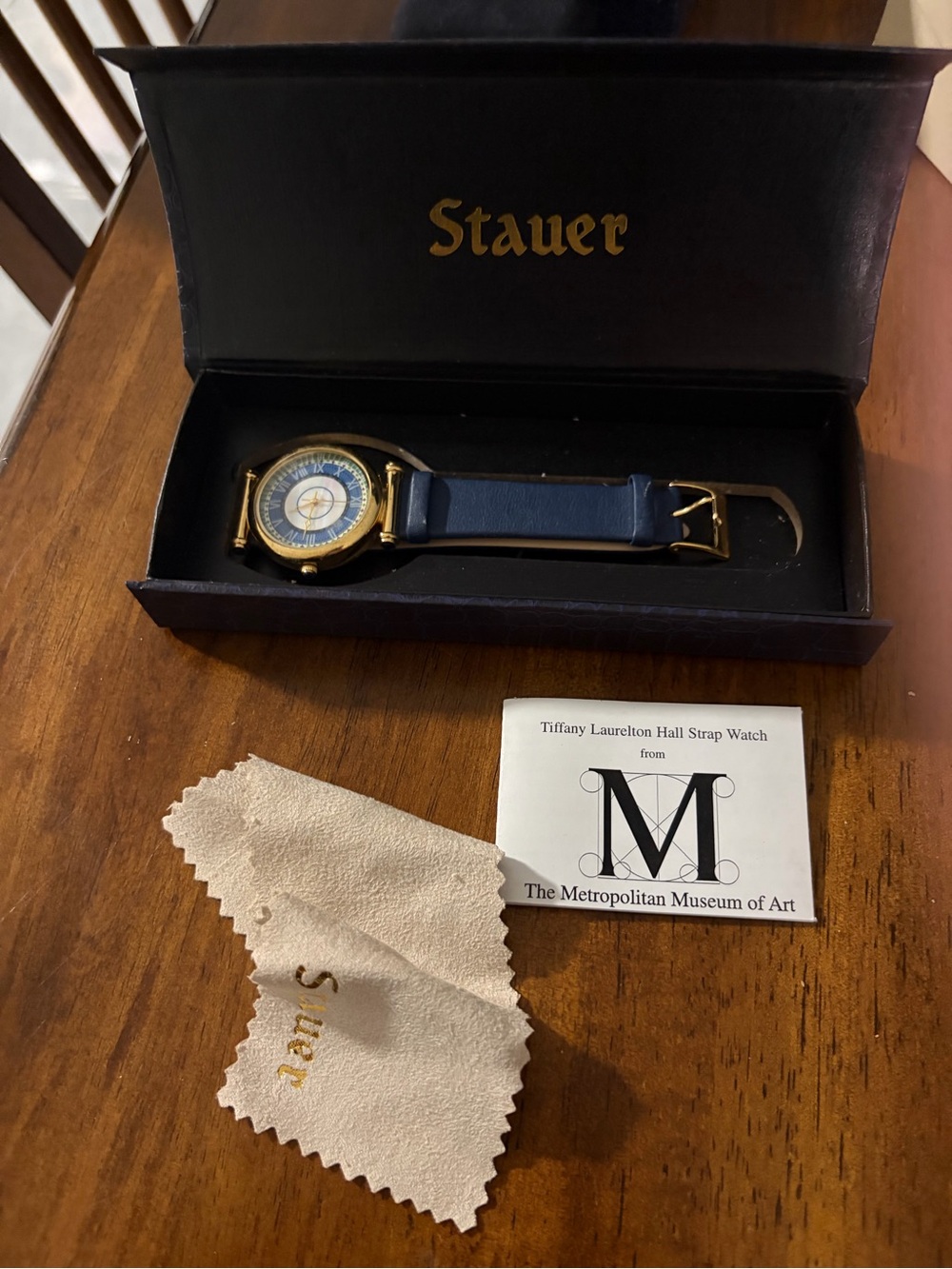 Vintage Met Museum of Art Watch  Blue Leather Strap Watch with Gold-Tone Case